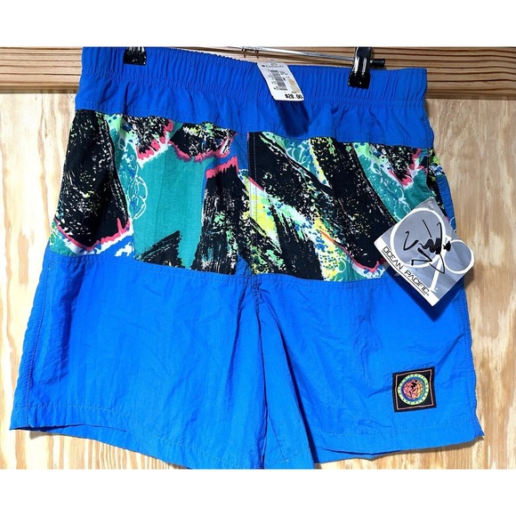 Vintage 90s OP Ocean Pacific Blue Neon Graphic Swim Trunk Shorts NOS Size Medium
